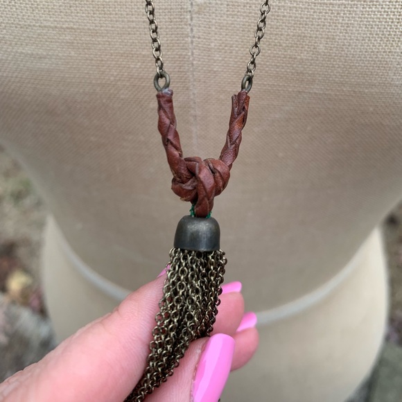 Braided Leather and Tassel Chain Pendant Necklace - Picture 3 of 6